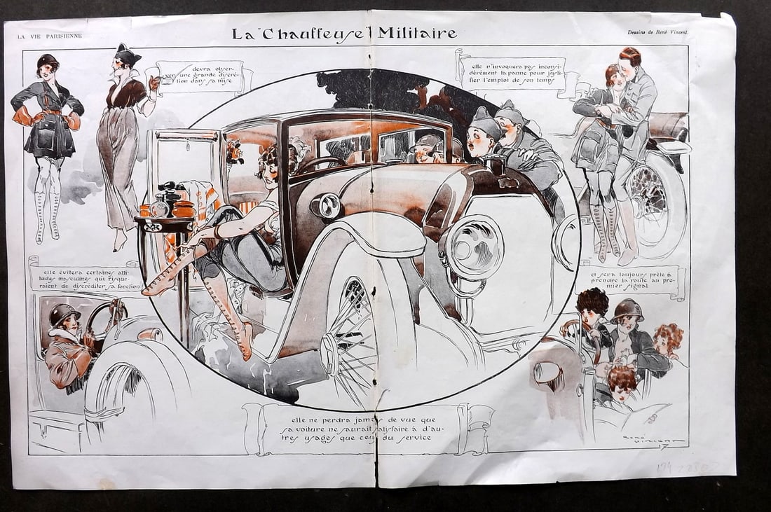 La Vie Parisienne 1917 Art Deco Double Print. La Chauffeure Militaire by Vincent: Lithographs Published 1917, Paris for "La Vie Parisienne" Illustrated by Lissac, Barbier, Vallet, Valee, Prejelan, Herouard, Fournier, Kuhn-Regnier, Georges Leoonnec and others. Verso text, but none s