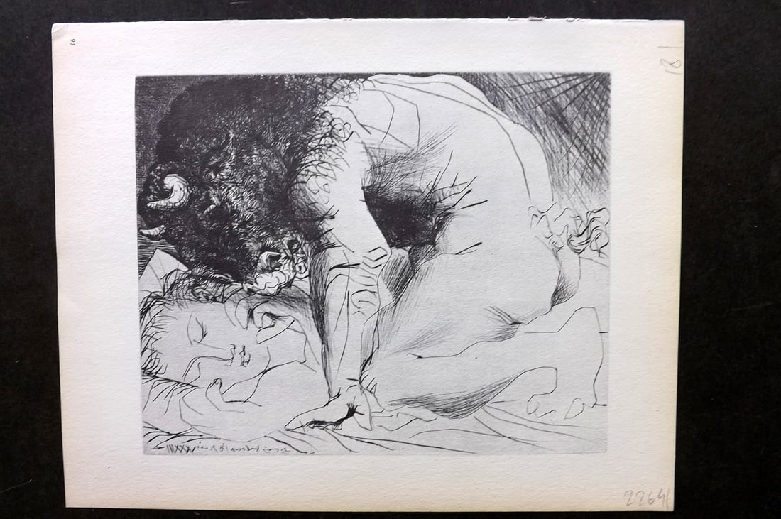 Picasso Vollard Suite 1956 Print. Minotaur Kneeling over Sleeping Girl 93: Vintage Photogravure Published 1956, London for "Picasso's Vollard Suite" First English Edition of 100 Etchings created by Picasso between 1930-37. Printed on Good Quality Paper in Germany. Paper Size
