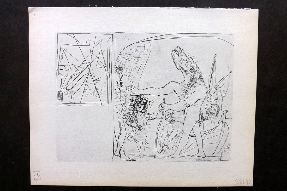 Picasso 1956 Blind Minotaur Led by Girl with Bouquet of Wild Flowers 94: Vintage Photogravure Published 1956, London for "Picasso's Vollard Suite" First English Edition of 100 Etchings created by Picasso between 1930-37. Printed on Good Quality Paper in Germany. Paper Size