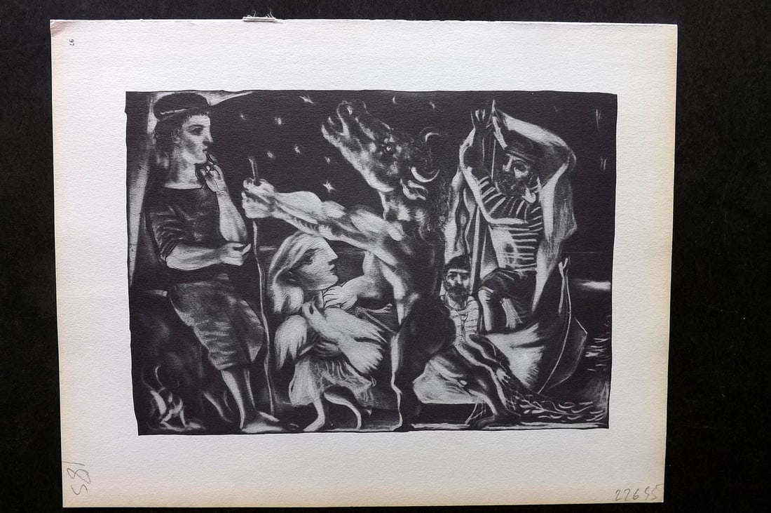 Picasso Vollard Suite 1956 Print. Blind Minotaur Led through the Night 97: Vintage Photogravure Published 1956, London for "Picasso's Vollard Suite" First English Edition of 100 Etchings created by Picasso between 1930-37. Printed on Good Quality Paper in Germany. Paper Size