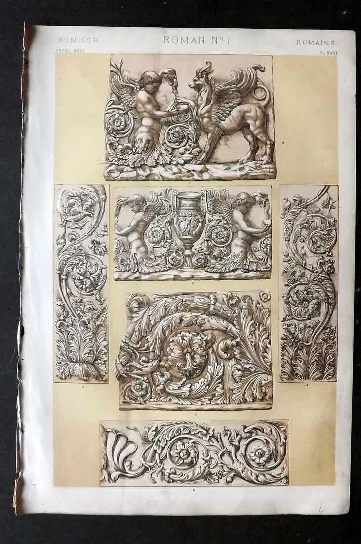Jones, Owen 1910 Design Print. Roman No. 1: Chromolithograph Published 1868 by Bernard Quaritch, London for "The Grammar of Ornament" by Owen Jones. Paper Size: 13 x 9 inch (33 x 23cm) Good Condition