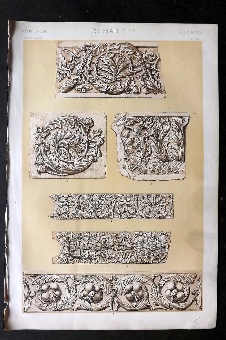 Jones, Owen 1910 Design Print. Roman No. 2: Chromolithograph Published 1868 by Bernard Quaritch, London for "The Grammar of Ornament" by Owen Jones. Paper Size: 13 x 9 inch (33 x 23cm) Very minor spotting. Good Condition