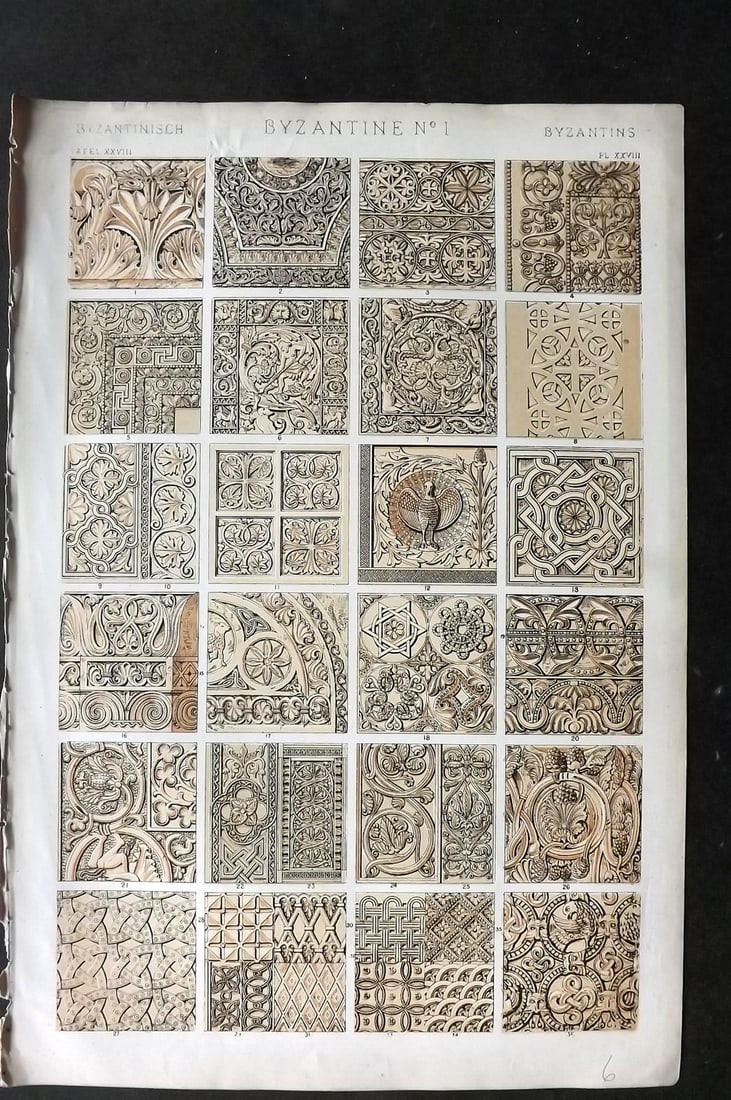 Jones, Owen 1910 Design Print. Byzantine No. 1: Chromolithograph Published 1868 by Bernard Quaritch, London for "The Grammar of Ornament" by Owen Jones. Paper Size: 13 x 9 inch (33 x 23cm) Top margin tear extending slightly into image. Good Conditi