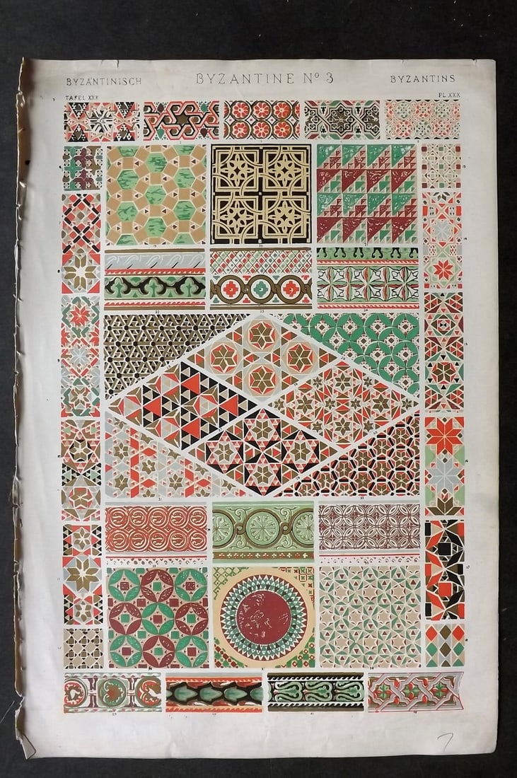 Jones, Owen 1910 Design Print. Byzantine No. 3: Chromolithograph Published 1868 by Bernard Quaritch, London for "The Grammar of Ornament" by Owen Jones. Paper Size: 13 x 9 inch (33 x 23cm) Good Condition