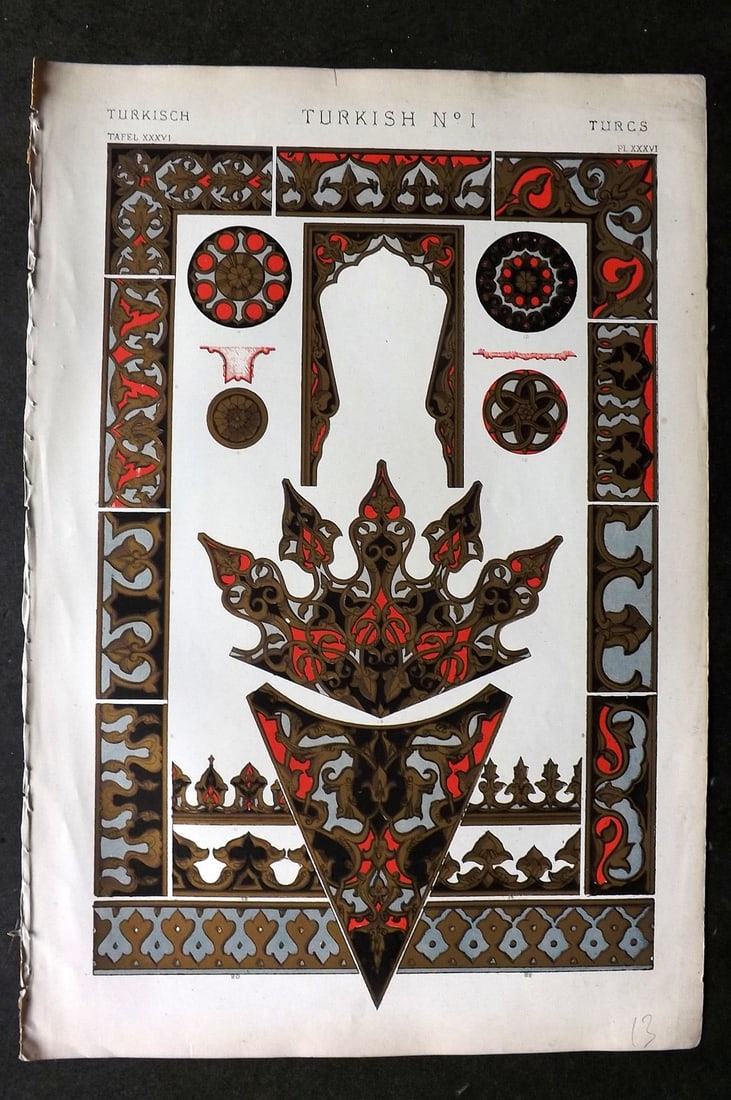 Jones, Owen 1910 Design Print. Turkish No. 1: Chromolithograph Published 1868 by Bernard Quaritch, London for "The Grammar of Ornament" by Owen Jones. Paper Size: 13 x 9 inch (33 x 23cm) Good Condition