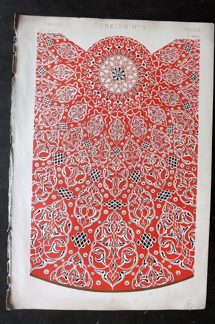 Jones, Owen 1910 Design Print. Turkish No. 3: Chromolithograph Published 1868 by Bernard Quaritch, London for "The Grammar of Ornament" by Owen Jones. Paper Size: 13 x 9 inch (33 x 23cm) Good Condition