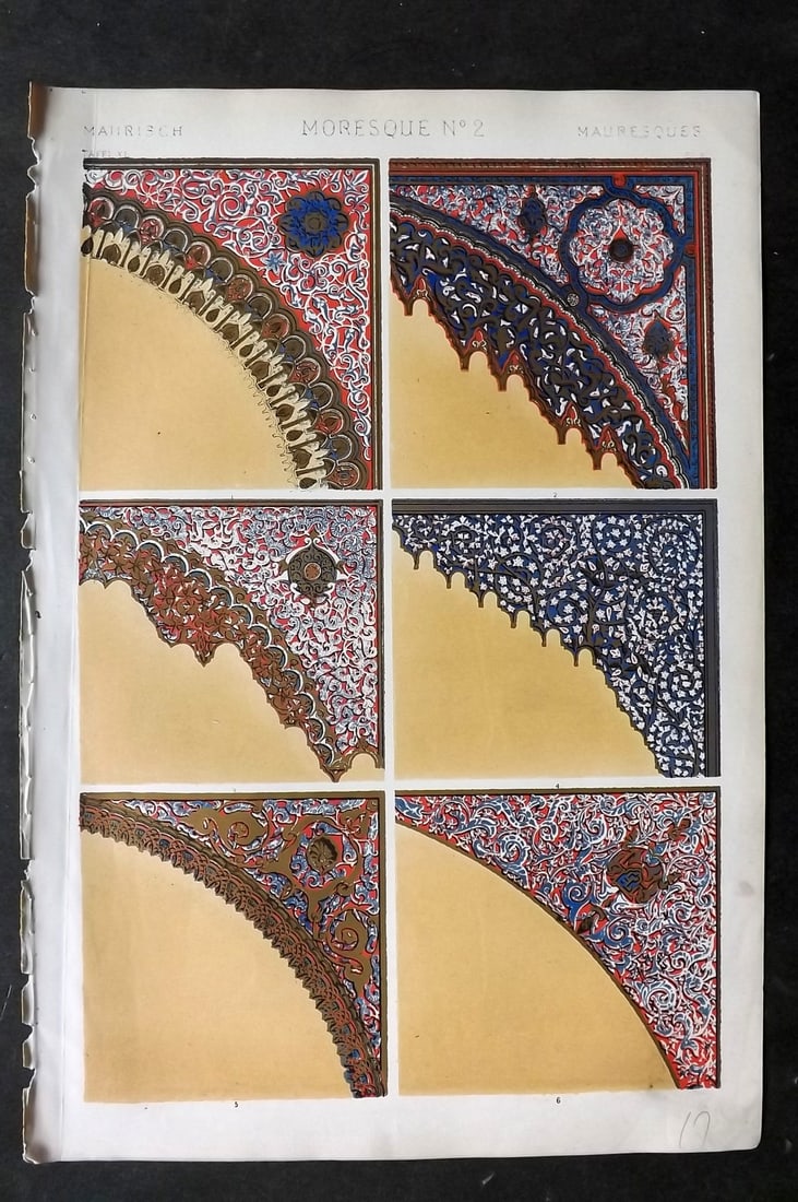 Jones, Owen 1910 Design Print. Moresque No. 2: Chromolithograph Published 1868 by Bernard Quaritch, London for "The Grammar of Ornament" by Owen Jones. Paper Size: 13 x 9 inch (33 x 23cm) Good Condition