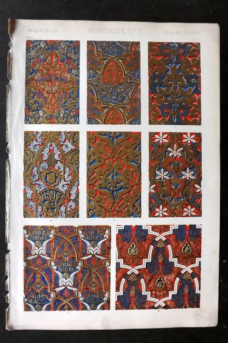 Jones, Owen 1910 Design Print. Moresque No. 3: Chromolithograph Published 1868 by Bernard Quaritch, London for "The Grammar of Ornament" by Owen Jones. Paper Size: 13 x 9 inch (33 x 23cm) Good Condition