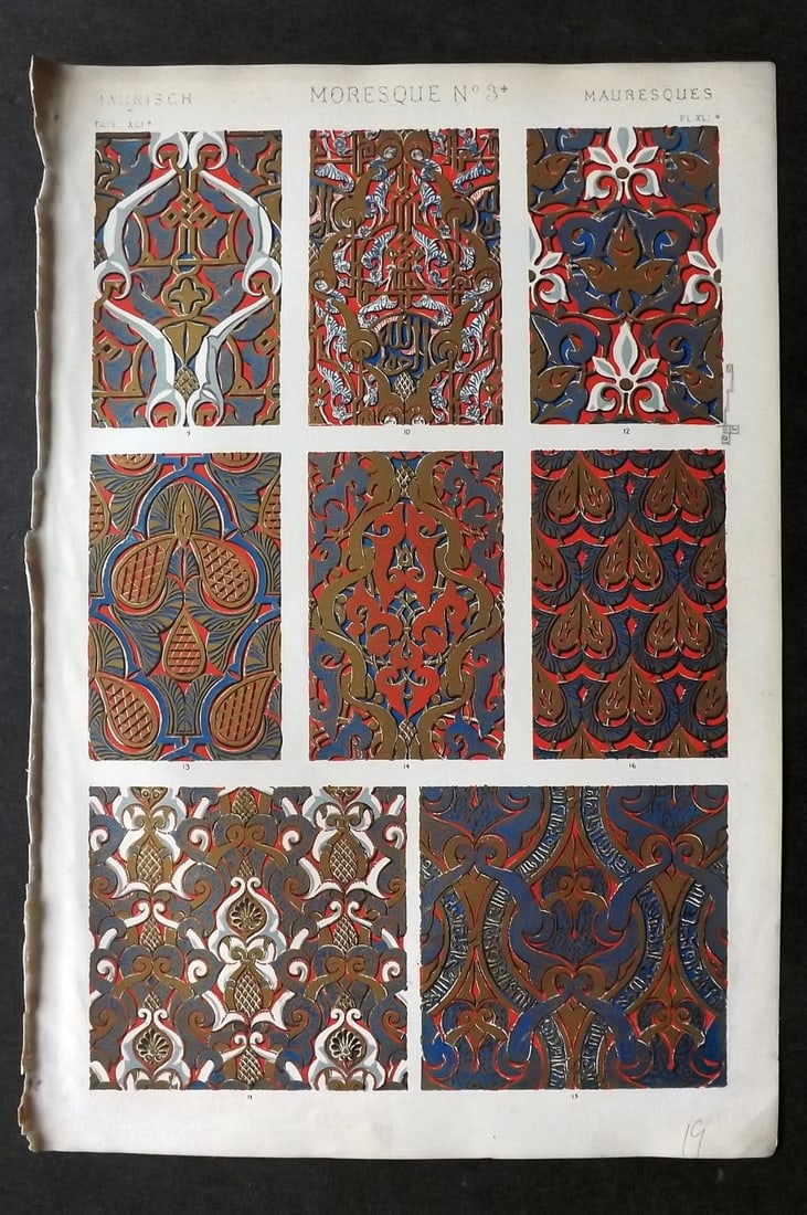 Jones, Owen 1910 Design Print. Moresque No. 3*: Chromolithograph Published 1868 by Bernard Quaritch, London for "The Grammar of Ornament" by Owen Jones. Paper Size: 13 x 9 inch (33 x 23cm) Good Condition