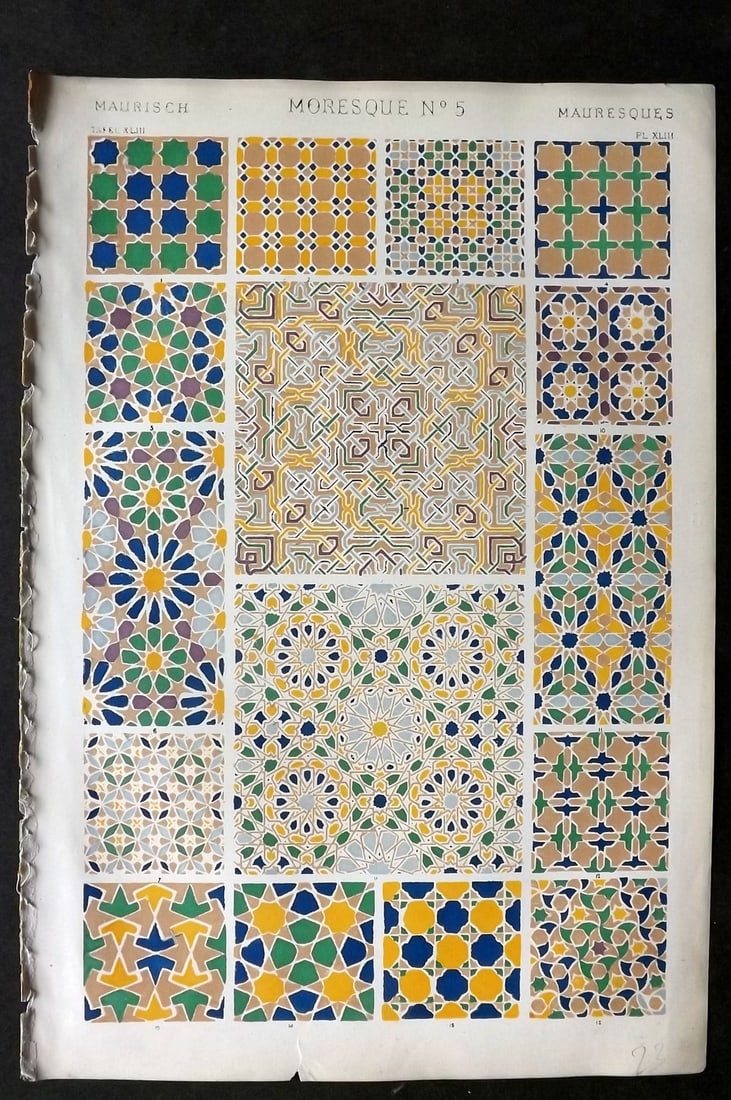 Jones, Owen 1910 Design Print. Moresque No. 5: Chromolithograph Published 1868 by Bernard Quaritch, London for "The Grammar of Ornament" by Owen Jones. Paper Size: 13 x 9 inch (33 x 23cm) Tiny bottom margin tear. Good Condition