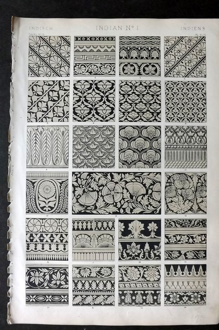 Jones, Owen 1910 Design Print. Indian No. 1: Chromolithograph Published 1868 by Bernard Quaritch, London for "The Grammar of Ornament" by Owen Jones. Paper Size: 13 x 9 inch (33 x 23cm) Good Condition