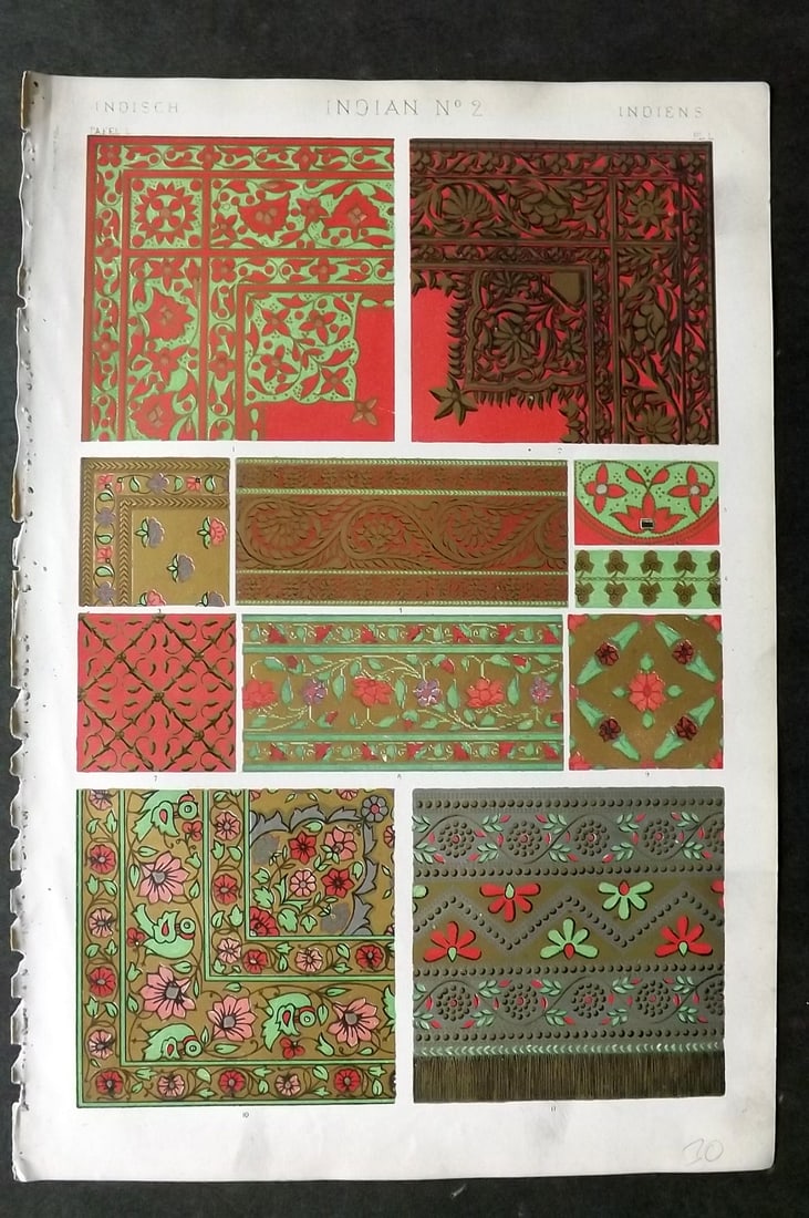 Jones, Owen 1910 Design Print. Indian No. 2: Chromolithograph Published 1868 by Bernard Quaritch, London for "The Grammar of Ornament" by Owen Jones. Paper Size: 13 x 9 inch (33 x 23cm) Good Condition