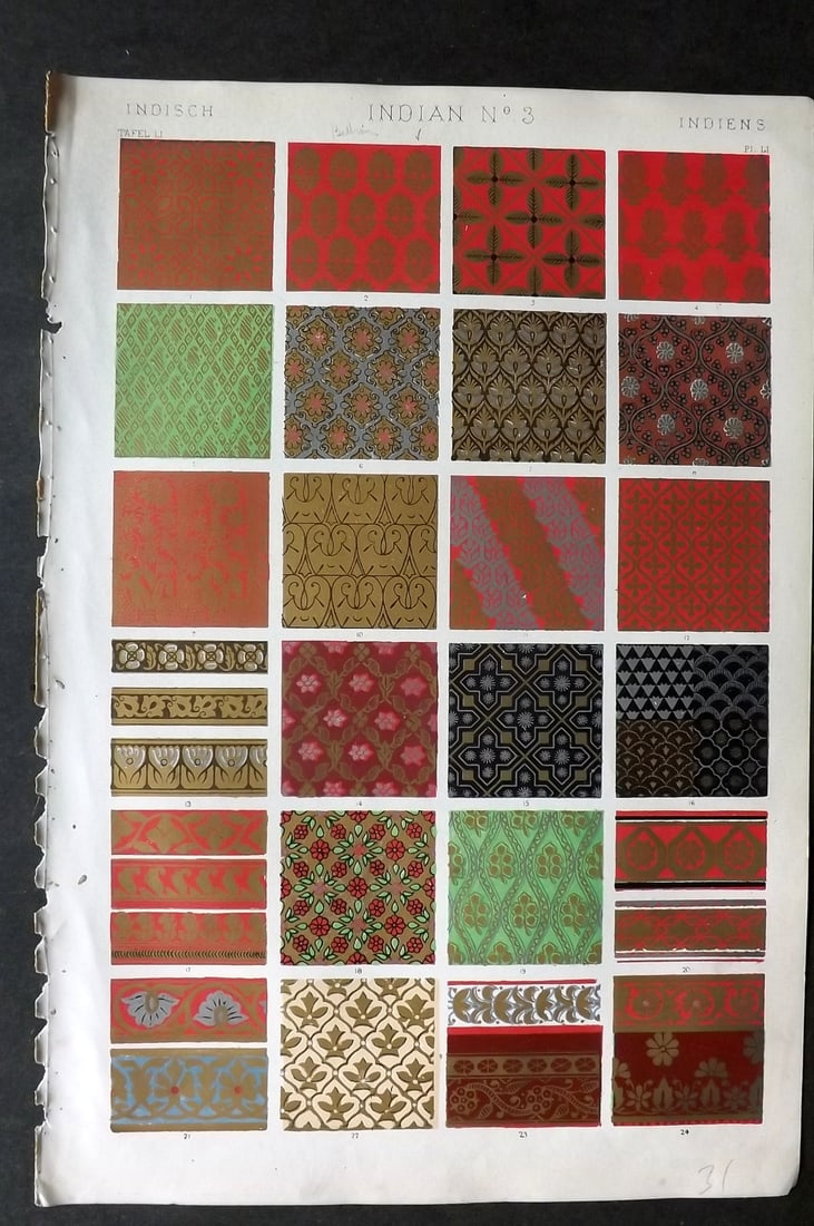 Jones, Owen 1910 Design Print. Indian No. 3: Chromolithograph Published 1868 by Bernard Quaritch, London for "The Grammar of Ornament" by Owen Jones. Paper Size: 13 x 9 inch (33 x 23cm) Good Condition
