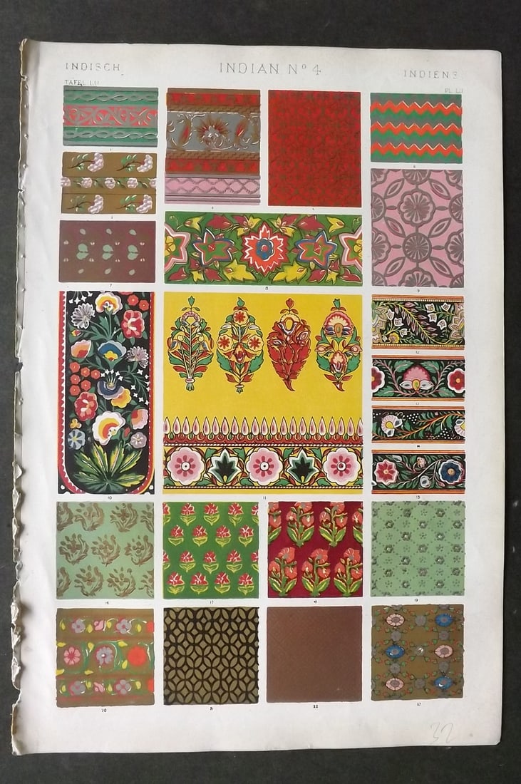 Jones, Owen 1910 Design Print. Indian No. 4: Chromolithograph Published 1868 by Bernard Quaritch, London for "The Grammar of Ornament" by Owen Jones. Paper Size: 13 x 9 inch (33 x 23cm) Good Condition
