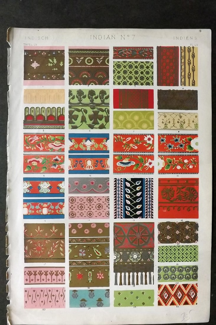Jones, Owen 1910 Design Print. Indian No. 7: Chromolithograph Published 1868 by Bernard Quaritch, London for "The Grammar of Ornament" by Owen Jones. Paper Size: 13 x 9 inch (33 x 23cm) Good Condition