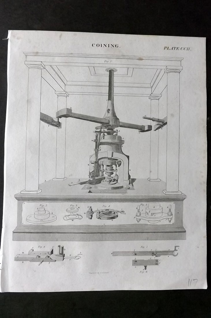 Brewster, David 1824 Antique Print. Coining 202: Copper Plate Published 1808-1830, Philadelphia & Edinburgh for "The Edinburgh Encyclopaedia" Conducted by David Brewster. Paper Size: 10.5 x 8 inch (27 x 21cm) Very minor toning. Good Condition