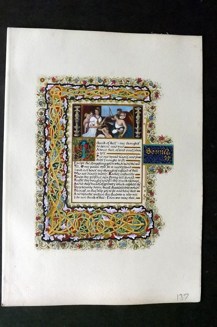 Elizabeth Barrett Browning & Nestore Leoni 1909 Fine Hand Col Print. Sonnets from the Portuguese: Hand Colored Watercolour & Gouache Lithograph Published 1909, London for "Sonnets from the Portuguese" by Elizabeth Barrett Browning. Illustrated by Nestore Leoni. Rare. Limited Edition of 500. Revers