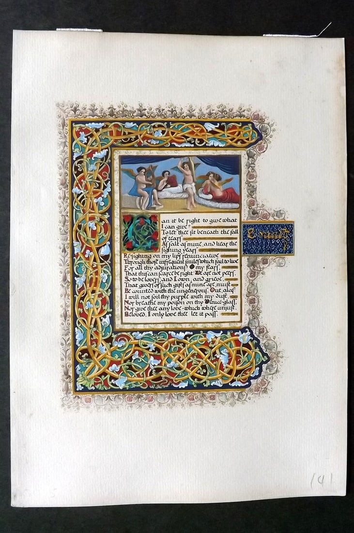 Elizabeth Barrett Browning & Nestore Leoni 1909 Fine Hand Col Print. Sonnets from the Portuguese: Hand Colored Watercolour & Gouache Lithograph Published 1909, London for "Sonnets from the Portuguese" by Elizabeth Barrett Browning. Illustrated by Nestore Leoni. Rare. Limited Edition of 500. Revers