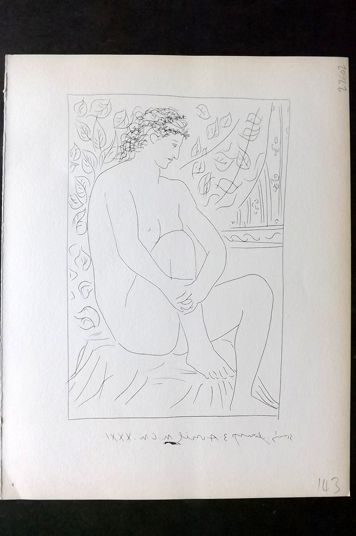 Picasso Vollard Suite 1956 Print. Nude seated before a Curtain 04: Vintage Photogravure Published 1956, London for "Picasso's Vollard Suite" First English Edition of 100 Etchings created by Picasso between 1930-37. Printed on Good Quality Paper in Germany. Paper Size