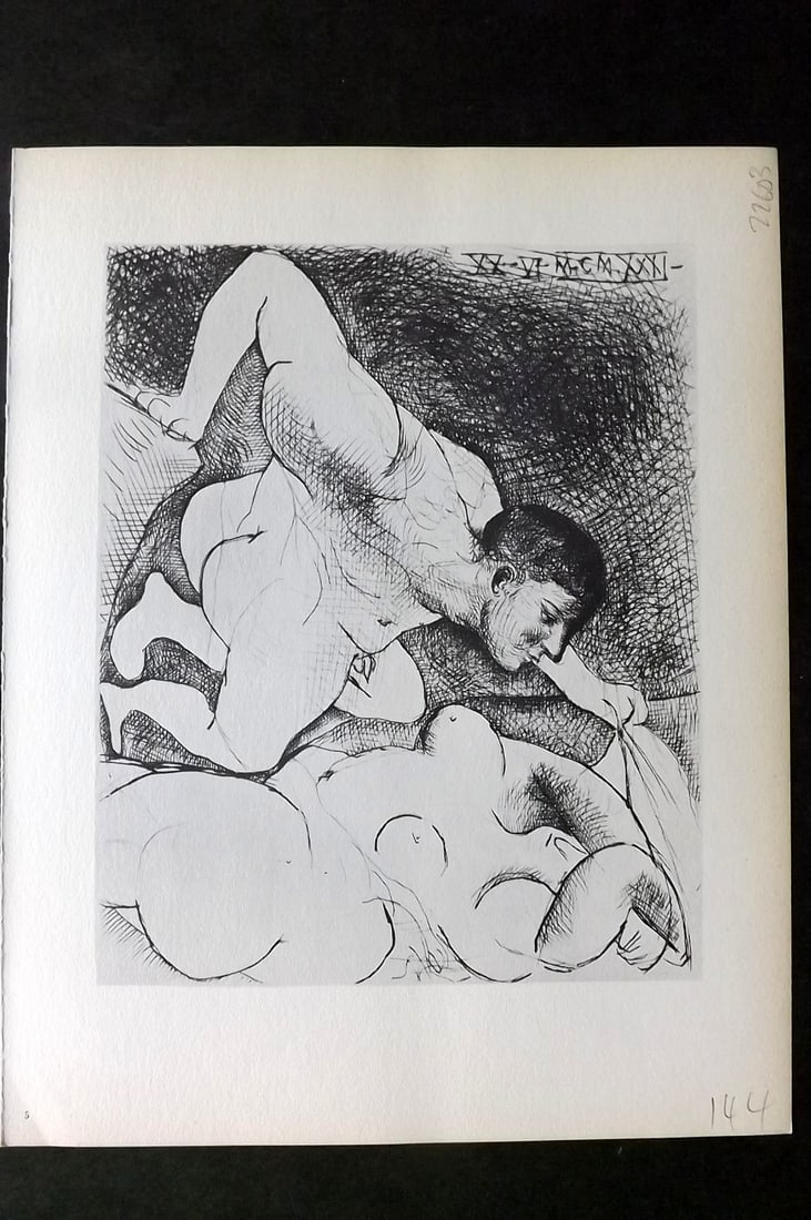 Picasso Vollard Suite 1956 Print. Man Unveiling a Woman 05: Vintage Photogravure Published 1956, London for "Picasso's Vollard Suite" First English Edition of 100 Etchings created by Picasso between 1930-37. Printed on Good Quality Paper in Germany. Paper Size