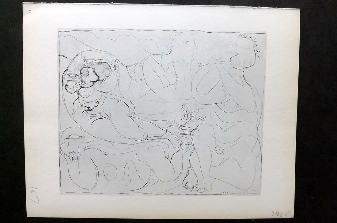 Picasso Vollard Suite 1956 Print. Three Nudes and a Satyr Playing the Flute 11: Vintage Photogravure Published 1956, London for "Picasso's Vollard Suite" First English Edition of 100 Etchings created by Picasso between 1930-37. Printed on Good Quality Paper in Germany. Paper Size