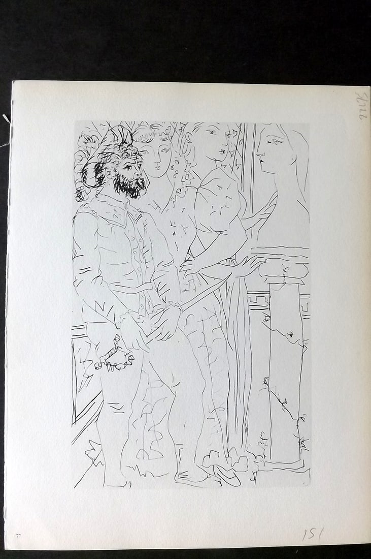 Picasso Vollard 1956 Three Costumed Figures Viewing a Sculptured Bust 77: Vintage Photogravure Published 1956, London for "Picasso's Vollard Suite" First English Edition of 100 Etchings created by Picasso between 1930-37. Printed on Good Quality Paper in Germany. Paper Size