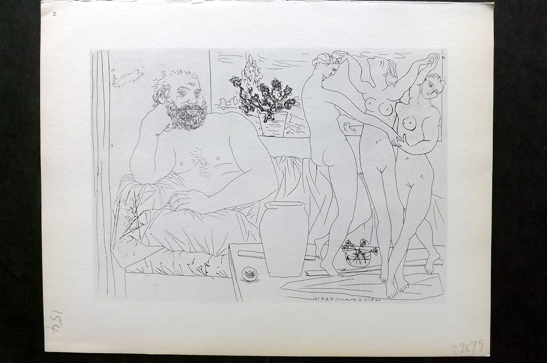 Picasso Vollard 1956 Print. Sculpture and Statue of Three Female Dancers 81: Vintage Photogravure Published 1956, London for "Picasso's Vollard Suite" First English Edition of 100 Etchings created by Picasso between 1930-37. Printed on Good Quality Paper in Germany. Paper Size