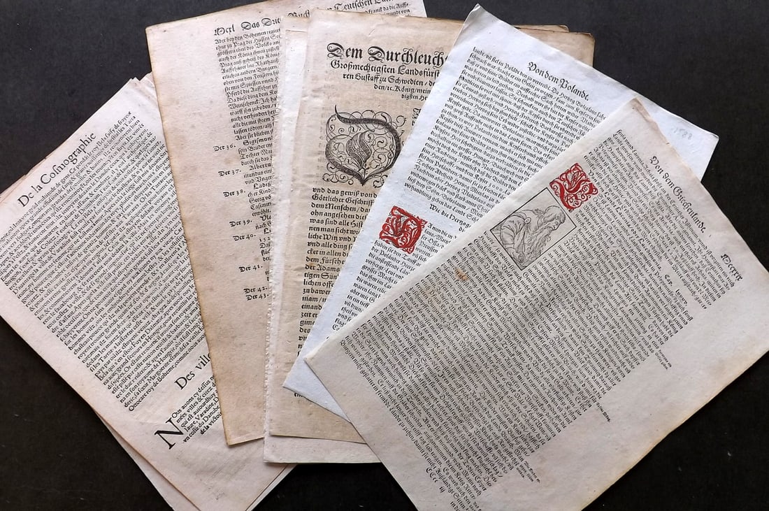 Munster, Sebastian C1550-85 Lot of 20 Text Sheets (40pp) from the Cosmographia (1 of 2)