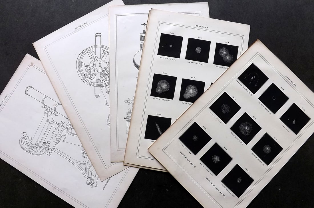 Brougham, Lord 1864 Lot of 7 Antique Astronomy Prints. Celestial: Woodblocks (Reverse side blank) Published 1864, London for "The Circle of The Sciences" by Lord Brougham. Paper Size: 11 x 7 inch (28 x 18cm) Good Condition
