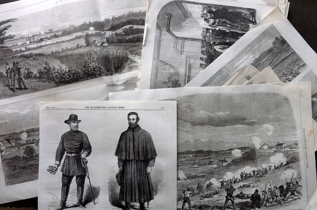 ILN 19th Cent. Lot of 34 Sheets. American Civil War. USA: Wood Engravings with text on the reverse Published 19th Cent, London for "The Illustrated London News" Paper Size: Up to 22 x 16 inch (56 x 40cm) Some Margins trimmed to image. Good Condition