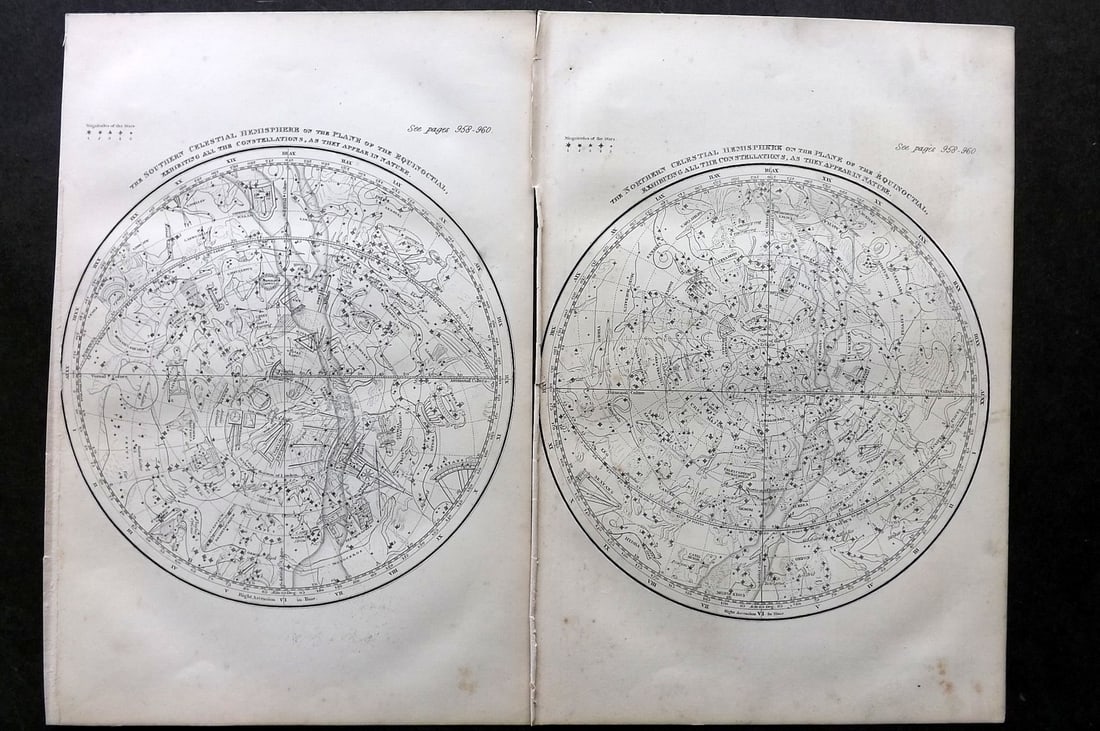 Brougham, Lord 1864 Pair of Celstial Charts. Constellations Hemispheres Astronomy: Woodblocks (Reverse side blank) Published 1864, London for "The Circle of The Sciences" by Lord Brougham. Paper Size: 11 x 7 inch (28 x 18cm) Very minor margin toning Good Condition