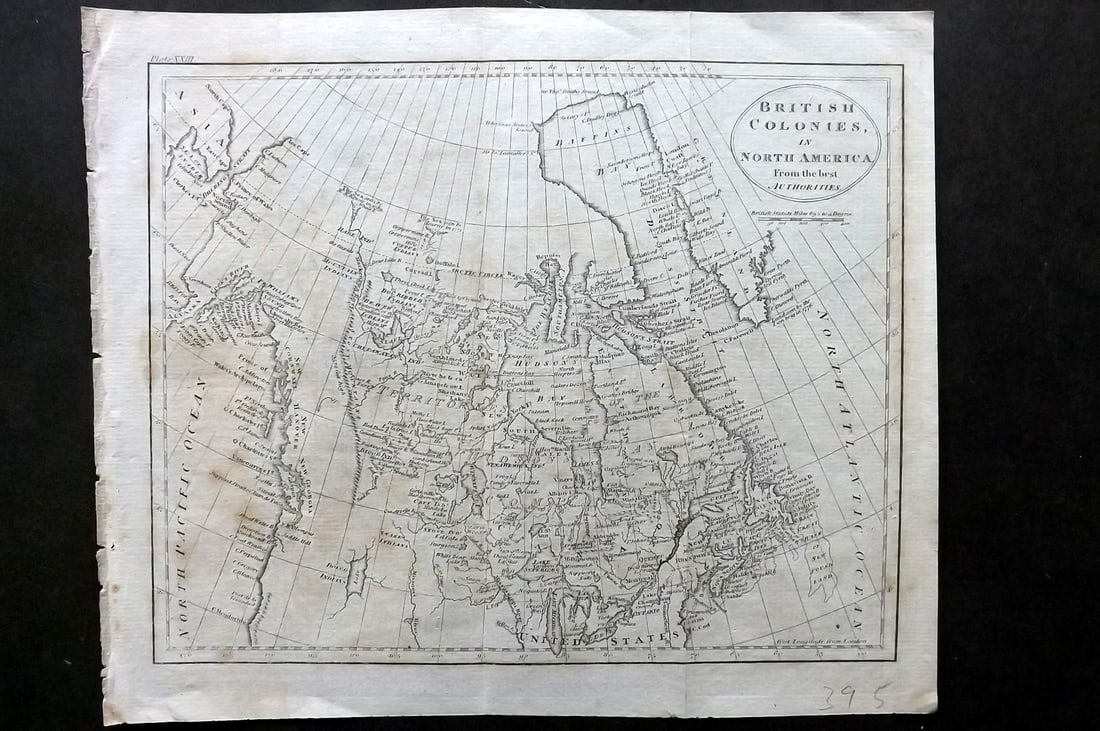 Guthrie, William 1805 Map. British Colonies in North America. Canada: Copper Engraved Map Published 1805, London for "A New Geographical, Historical and Commercial Grammar..." by William Guthrie. Folds as issued. Paper Size: 10 x 8 inch (25 x 21cm) Approx. Some minor to