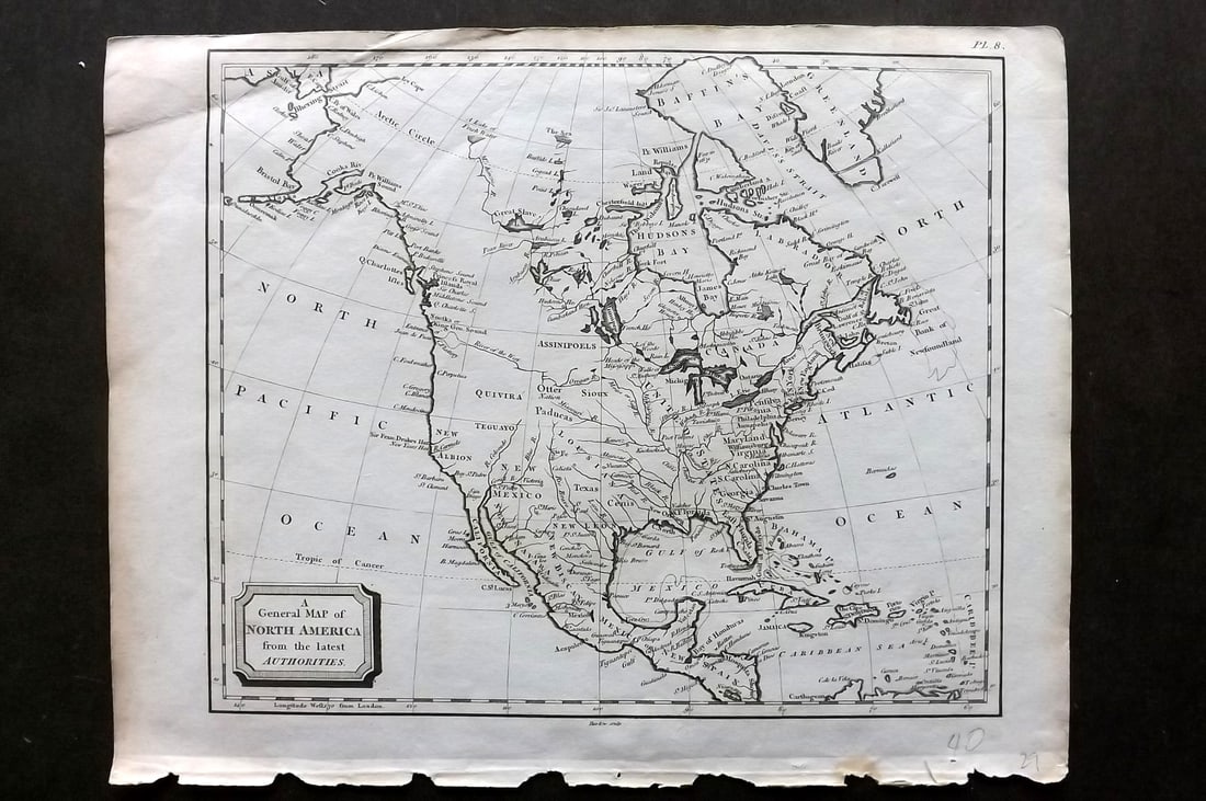Kearsley (Pub) 1802 Antique Map. North America. USA Canada: "A General Map of North America from the latest Authorities" Copper Engraved Map Published 1802 by George Kearsley, London for "The English Encyclopaedia..." Paper Size: 10.5 x 8 inch (27 x 21cm) Smal