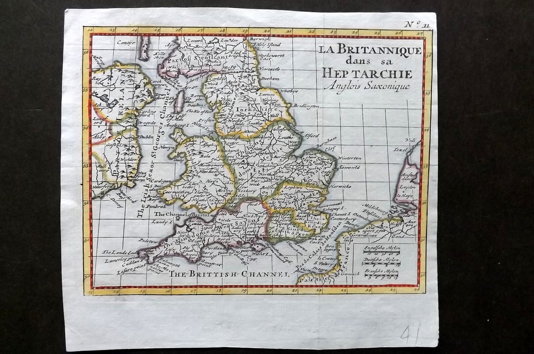 Bossuet, Jacques 1753 Hand Col Map. British Isles, Heptarchy. UK: "La Britannique dans sa Heptarchie Anglois Saxonique" Hand Colored Copper Engraved Map Published 1753, Paris for "Discours sur L'Histoire Universelle" by Jaques Benigne Bossuet. Folds as issued. Paper