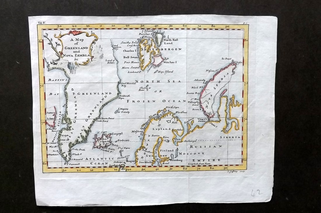 Jefferys, Thomas 1766 Hand Col Map of Greenland and Nova Zembla &c (1 of 1)