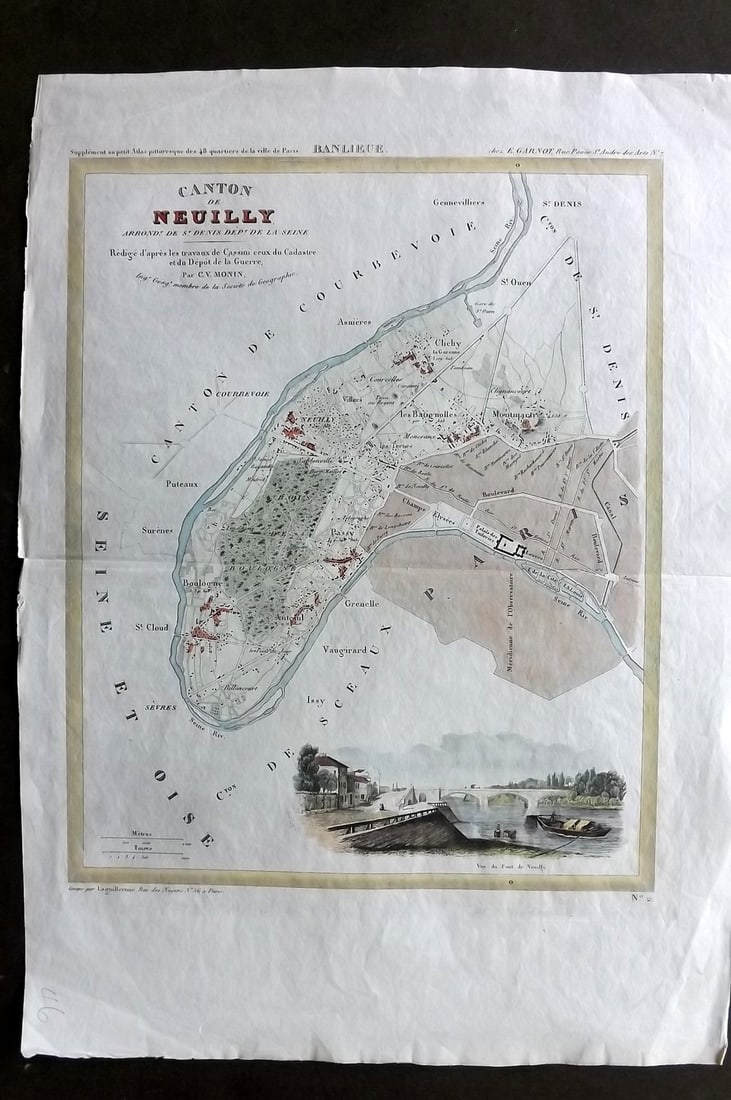 Perrot & Moni 1835 Hand Col Map. Canton de Neuilly, Paris France (1 of 1)