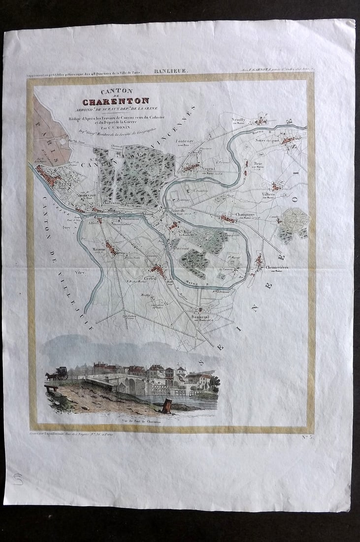 Perrot & Moni 1835 Hand Col Map. Canton de Charenton, Paris, France (1 of 1)