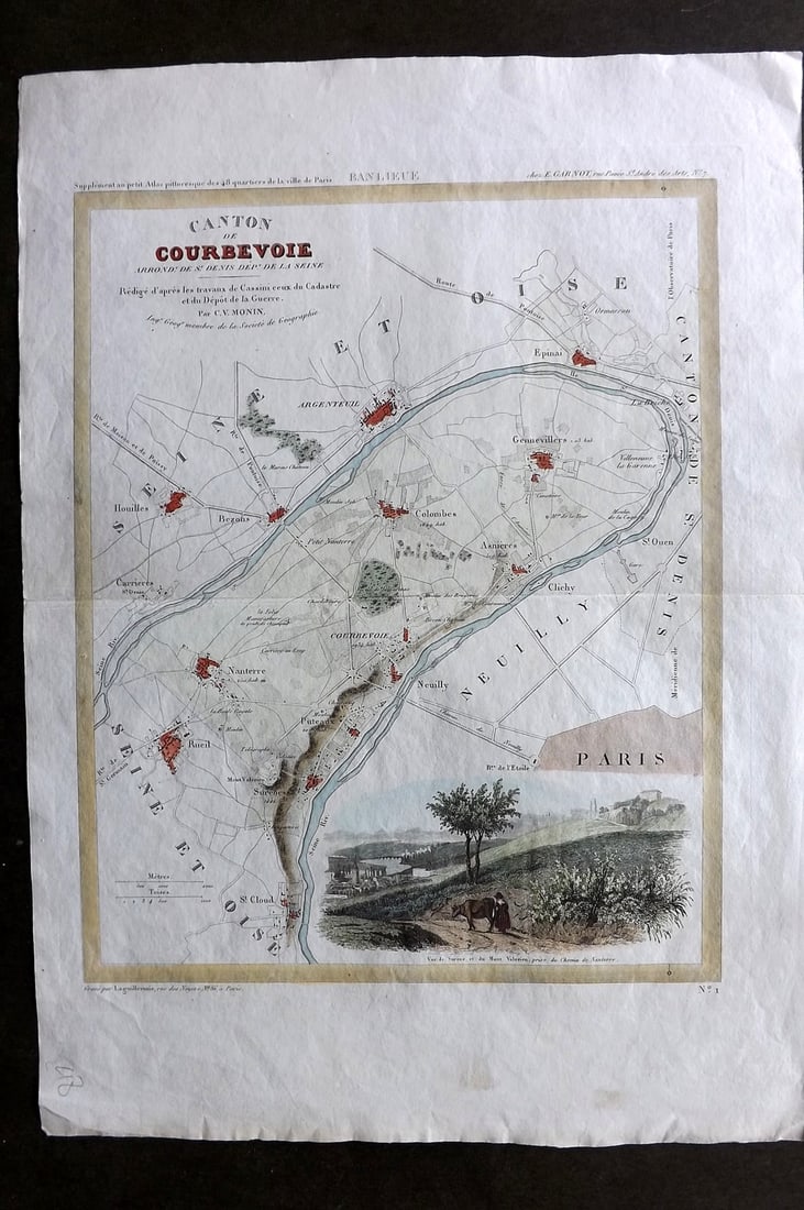 Perrot & Moni 1835 Hand Col Map. Canton de Courbevoie, Paris, France (1 of 1)