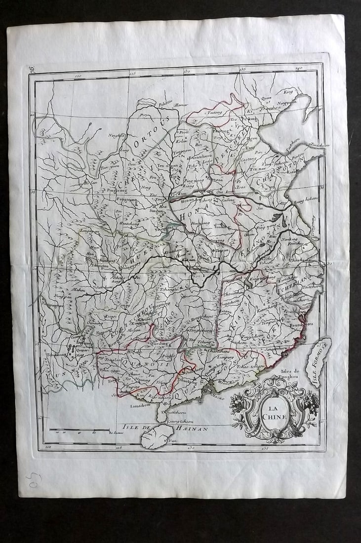 Le Rouge, George Louis 1756 Hand Col Map. China. La Chine.: Copper Engraved Map Published 1756, Paris for "Atlas Nouveau Portatif..." by George Louis Le Rouge. Centre fold as published. Paper Size: 13.5 x 9.5 inch (34 x 24cm) Good Condition
