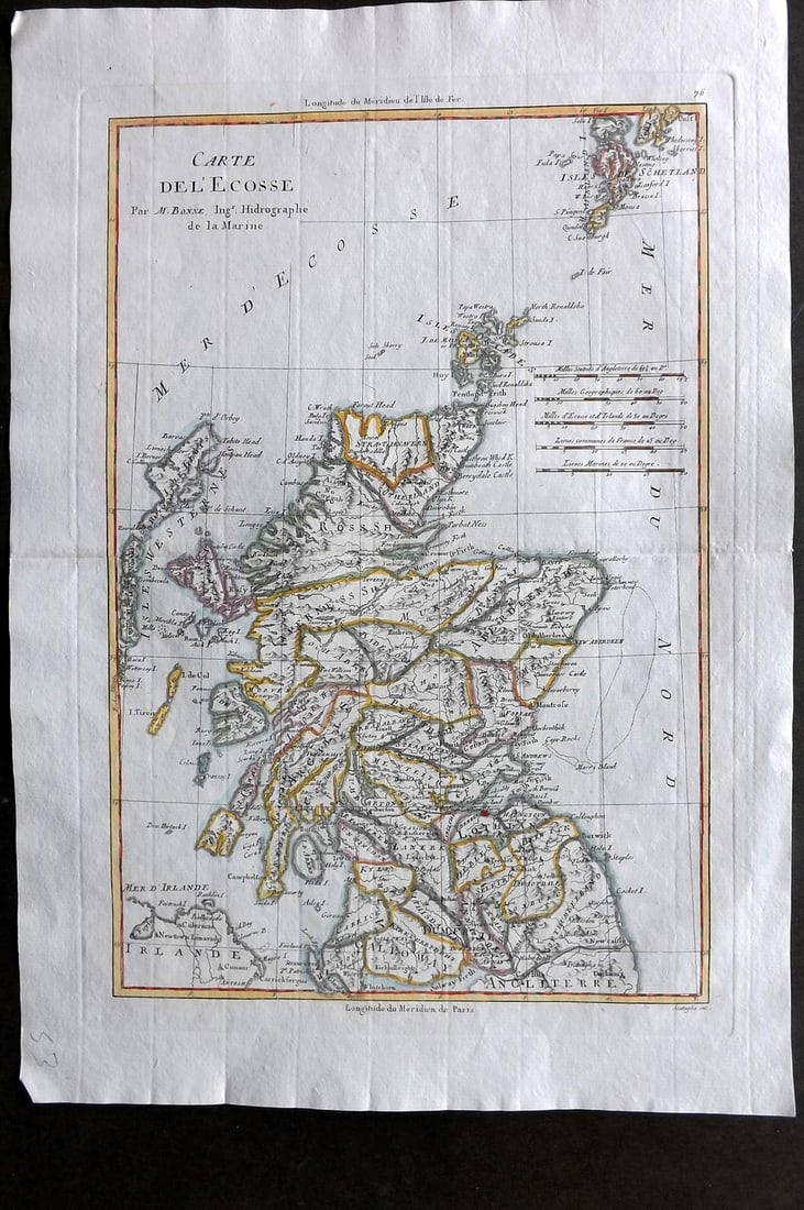 Bonne, Rigobert 1788 Hand Col Map. Scotland. Carte de l'Ecosse: Hand Colored Copper Engraved Map Published 1788, Paris for "Atlas de Toutes les Parties Connues du Globe Terrestre" by Rigobert Bonne. Folds as published. Paper Size: 16.5 x 11 inch (42 x 28cm) Approx