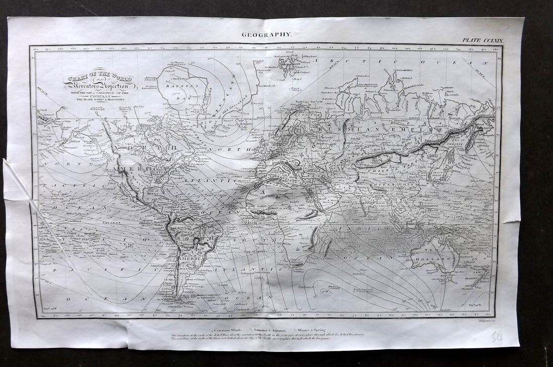 Brewster, David 1824 Map. World on Mercator's Projection. Trade Winds & Monsoons: Copper Engraved Map Engraved J. H. Seymour, Published 1808-1830, Philadelphia & Edinburgh for "The Edinburgh Encyclopaedia" Conducted by David Brewster. Paper Size: 16.5 x 10.5 inch (41 x 27cm) With P