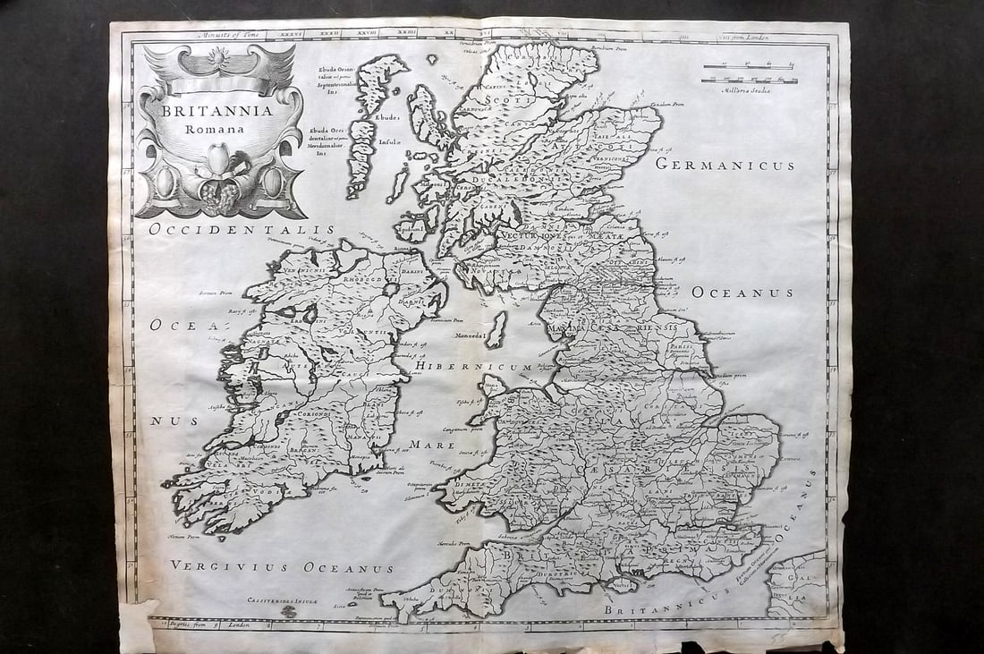 Morden, Robert 1695 Antique Map. Roman Britain. Britannia Romana: Copper Engraved Map Published 1695, London for "Britannia" by William Camden and Edmund Gibson. Centre fold as published. Paper Size: 17 x 15 inch (43 x 38cm) Chip top bottom left corner affecting bor