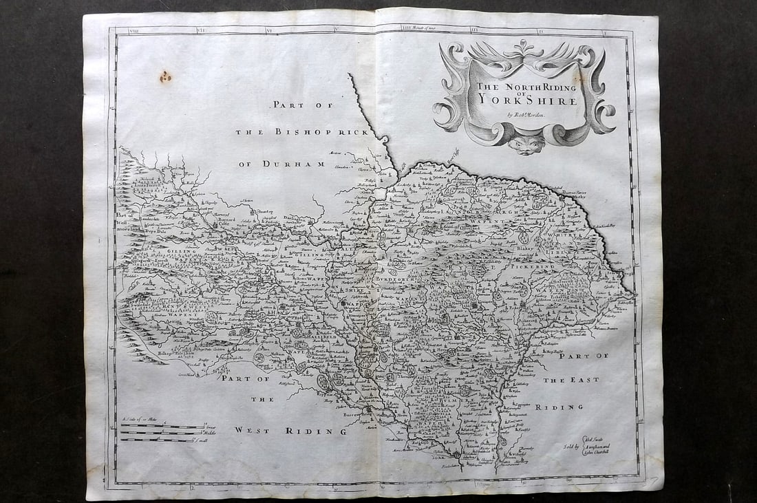 Morden, Robert 1695 British County Map. North Riding of Yorkshire: Copper Engraved Map Published 1695, London for "Britannia" by William Camden and Edmund Gibson. Centre fold as published. Paper Size: 17 x 15 inch (43 x 38cm) Minor tone spots and light water stain at