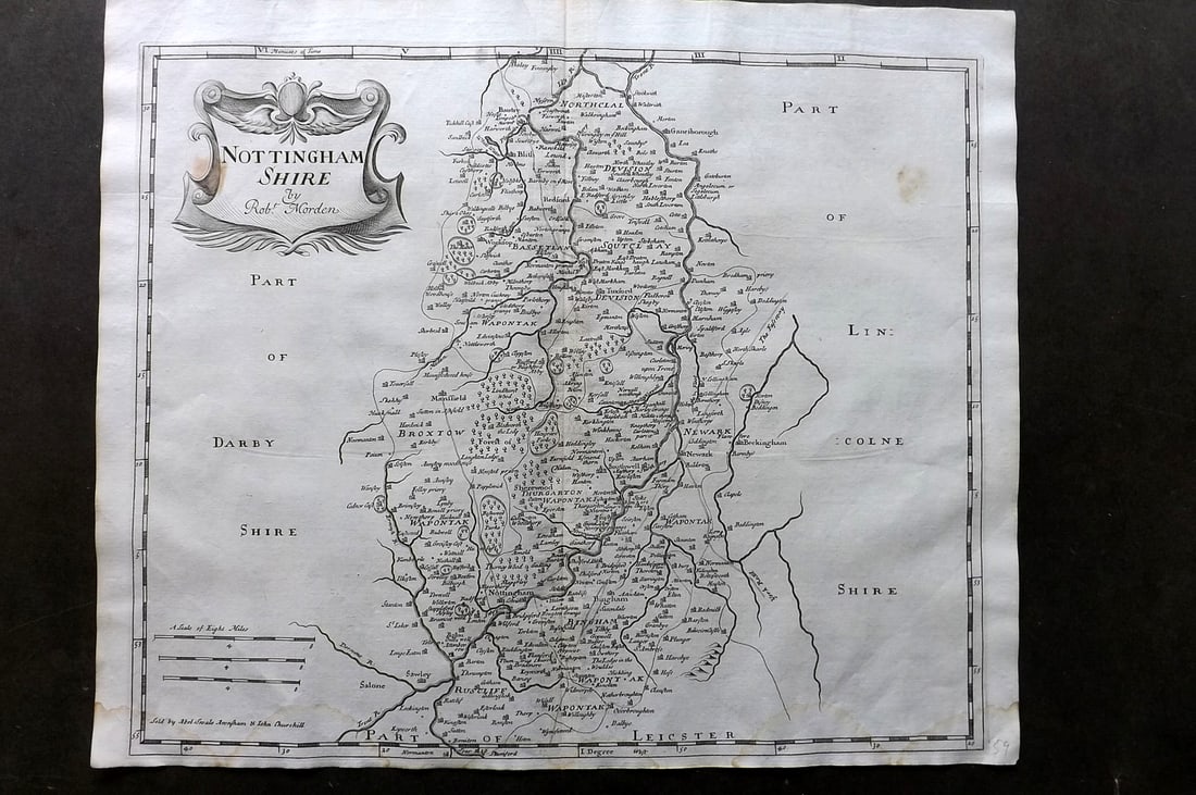 Morden, Robert 1695 British County Map. Nottinghamshire: Copper Engraved Map Published 1695, London for "Britannia" by William Camden and Edmund Gibson. Centre fold as published. Paper Size: 17 x 15 inch (43 x 38cm) Tiny tone mark near title. Good Condition