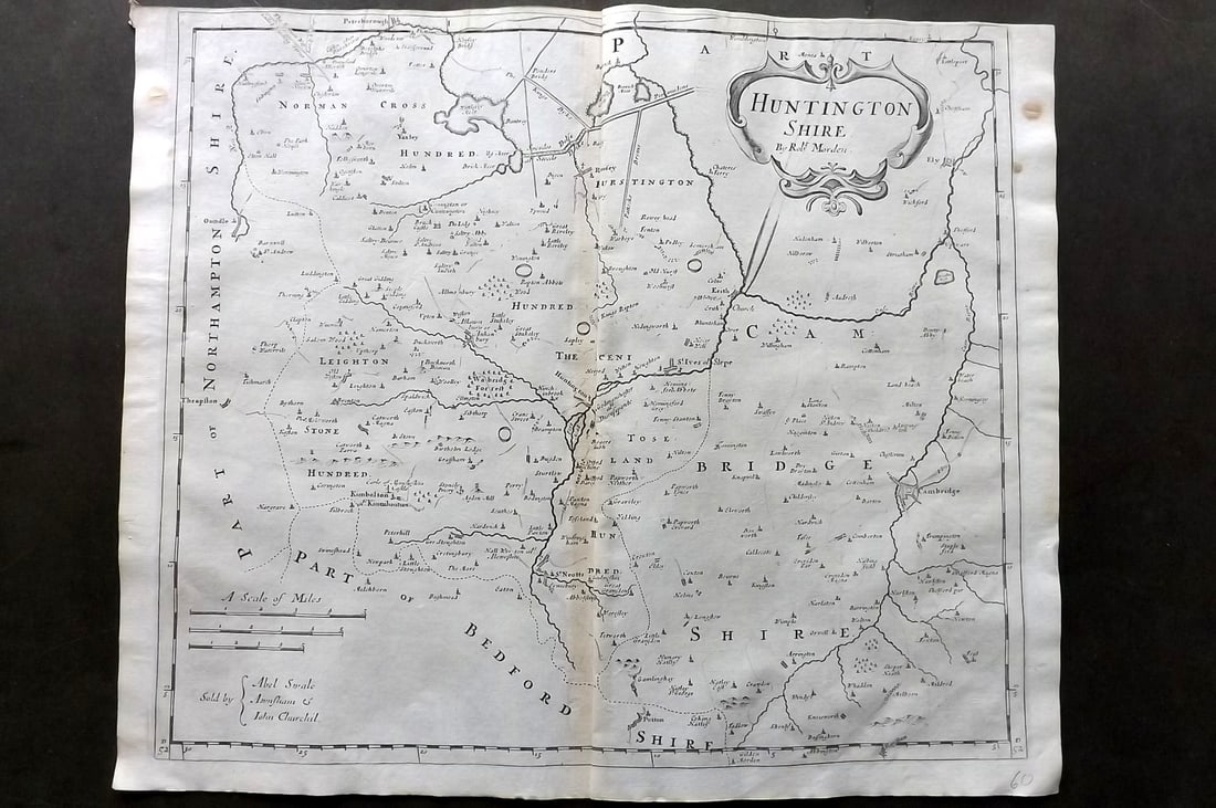 Morden, Robert 1695 British County Map. Huntingtonshire: Copper Engraved Map Published 1695, London for "Britannia" by William Camden and Edmund Gibson. Centre fold as published. Paper Size: 17 x 15 inch (43 x 38cm) Good Condition overall