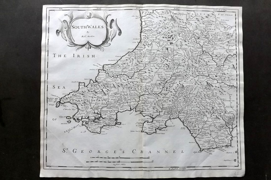 Morden, Robert 1695 Antique Map. South Wales: Copper Engraved Map Published 1695, London for "Britannia" by William Camden and Edmund Gibson. Centre fold as published. Paper Size: 17 x 15 inch (43 x 38cm) Good Condition