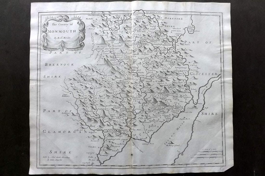 Morden, Robert 1695 British County Map. Monmouth, Wales: Copper Engraved Map Published 1695, London for "Britannia" by William Camden and Edmund Gibson. Centre fold as published. Paper Size: 17 x 15 inch (43 x 38cm) Good Condition
