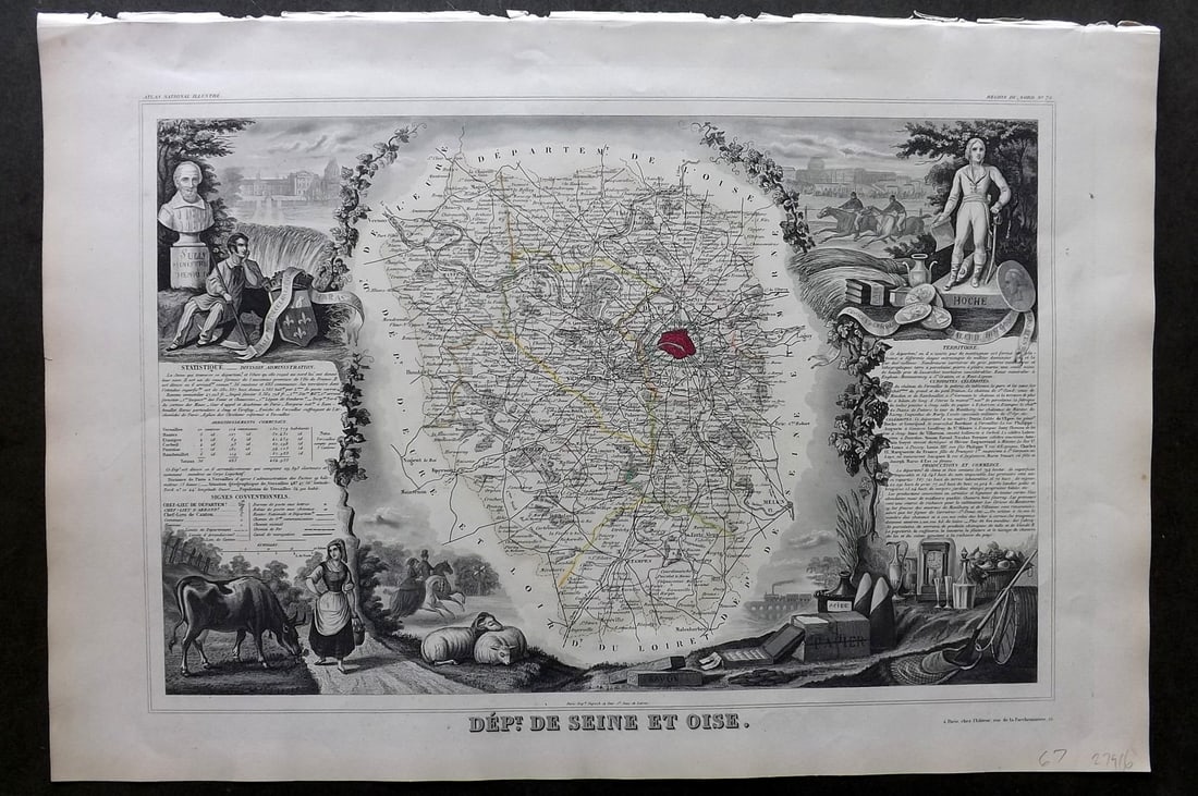 Levasseur, Victor 1852 Antique Map. Paris City, Dept de Seine et Oise: Antique Steel Engraved Map Published 1852, Paris for "Atlas National Illustre" by Victor Levasseur. Paper Size: 21 x 14 inch (53 x 35cm). Good Condition.