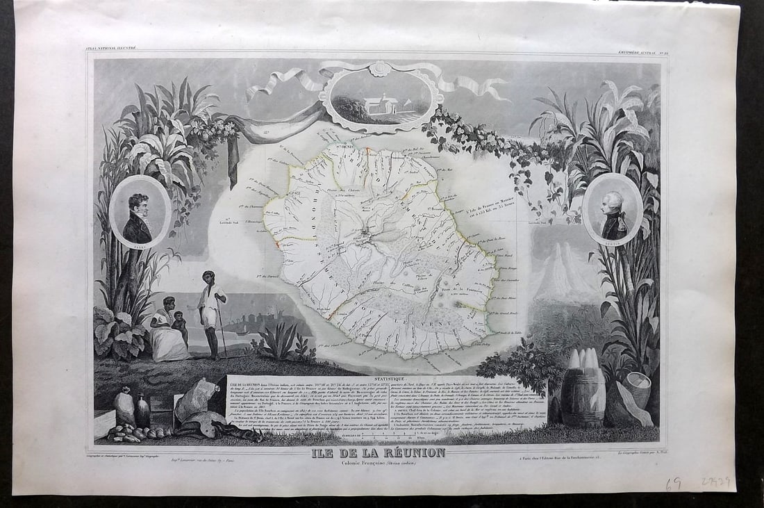 Levasseur, Victor 1852 Antique Map. Ile de la Reunion: Antique Steel Engraved Map Published 1852, Paris for "Atlas National Illustre" by Victor Levasseur. Paper Size: 21 x 14 inch (53 x 35cm). Good Condition.