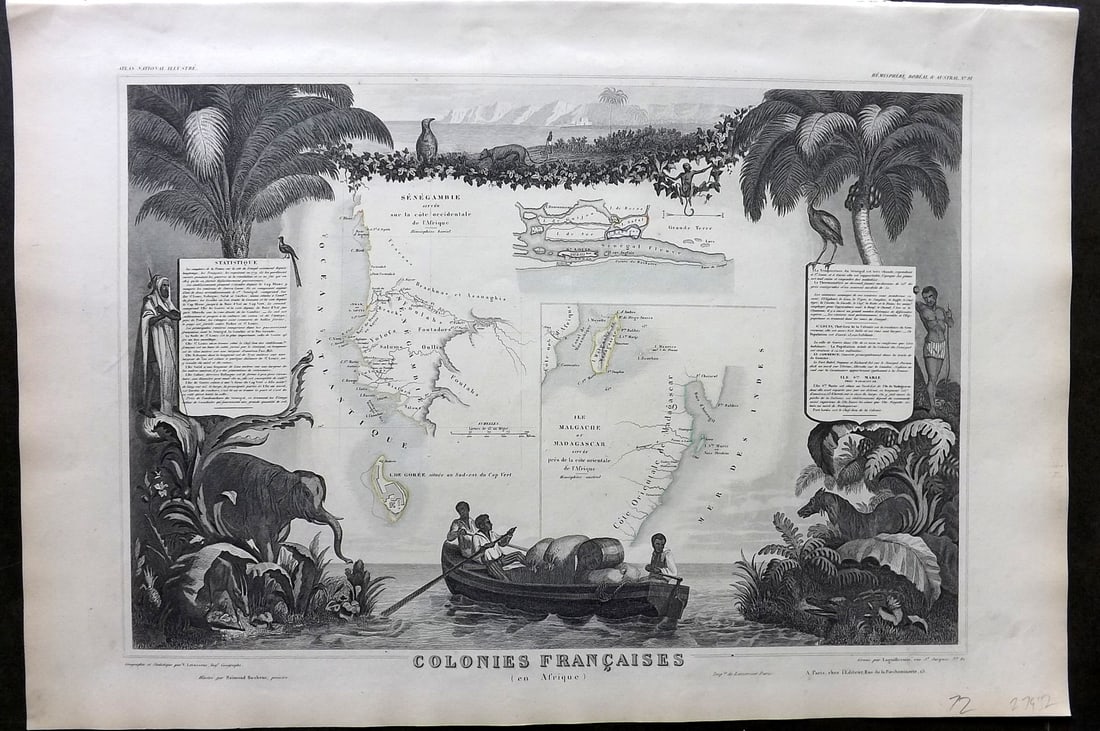 Levasseur, Victor 1852 Antique Map. Sengal, Madagascar. Africa: Antique Steel Engraved Map Published 1852, Paris for "Atlas National Illustre" by Victor Levasseur. Paper Size: 21 x 14 inch (53 x 35cm). Good Condition.